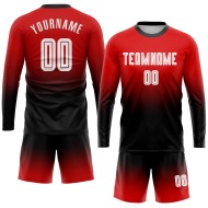 Maillot de football personnalisé à manches longues, imprimé par sublimation, rouge, blanc et noir Maillot de football personnalisé à manches longues, imprimé par sublimation, rouge, blanc et noir