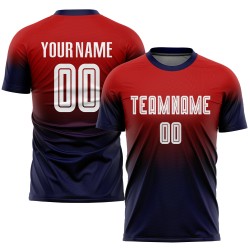 Maillot de football personnalisé rouge, blanc et bleu marine, imprimé par sublimation