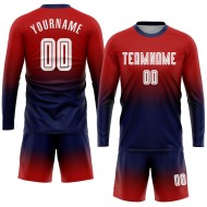 Maillot de football personnalisé à manches longues, imprimé par sublimation, rouge, blanc et bleu marine Maillot de football personnalisé à manches longues, imprimé par sublimation, rouge, blanc et bleu marine