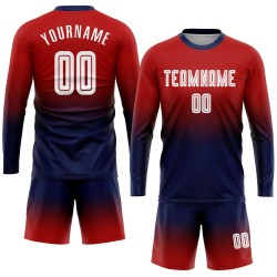 Maillot de football personnalisé à manches longues, imprimé par sublimation, rouge, blanc et bleu marine Maillot de football personnalisé à manches longues, imprimé par sublimation, rouge, blanc et bleu marine