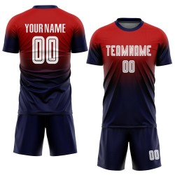 Maillot de football personnalisé rouge, blanc et bleu marine, imprimé par sublimation