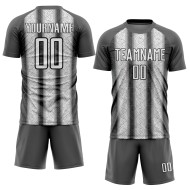 Maillot de football personnalisé à rayures ethniques gris acier, blanc et noir, sublimation Maillot de football personnalisé à rayures ethniques gris acier, blanc et noir, sublimation